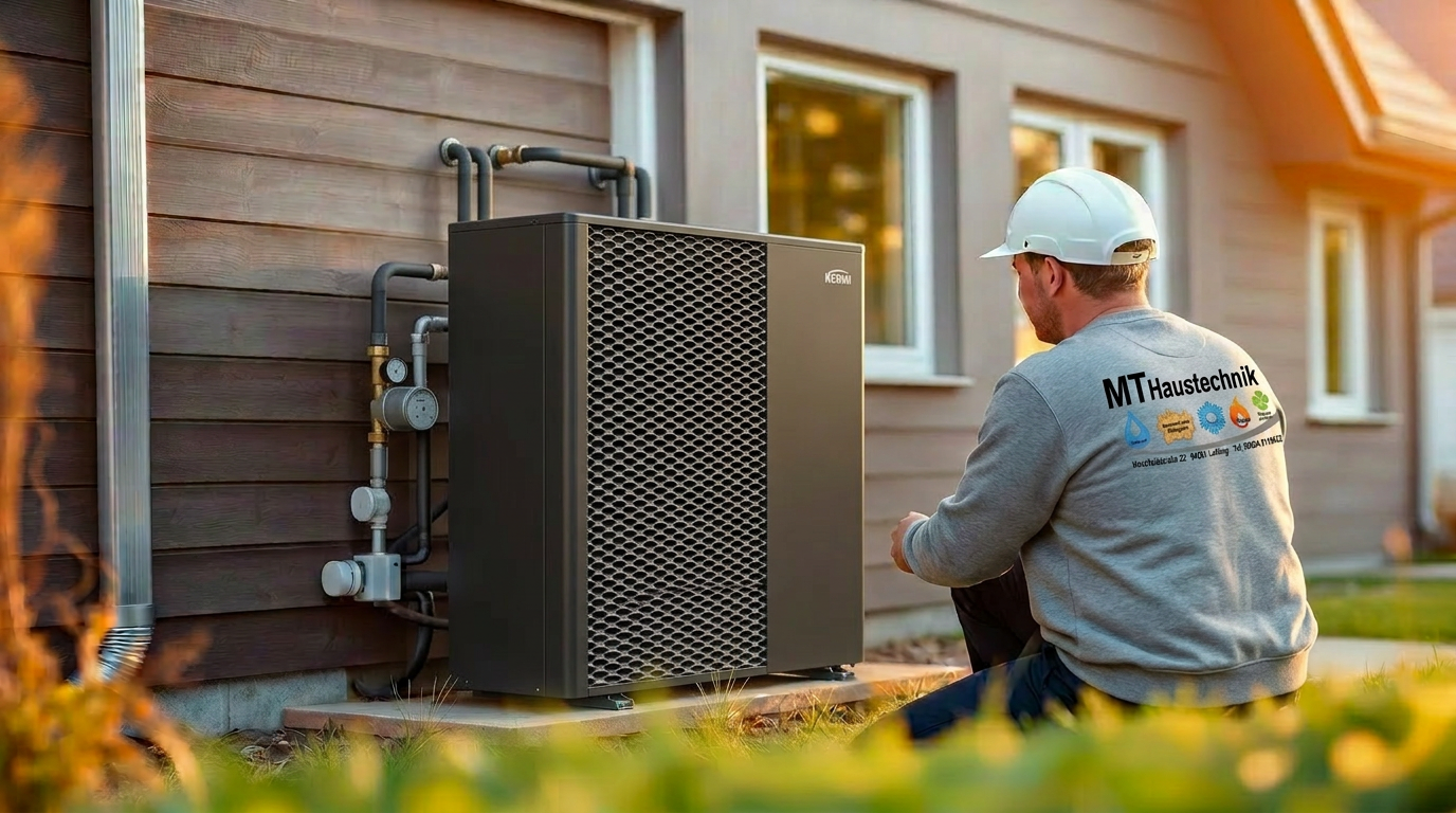 Monteur installiert eine moderne Wärmepumpe an einem Wohnhaus